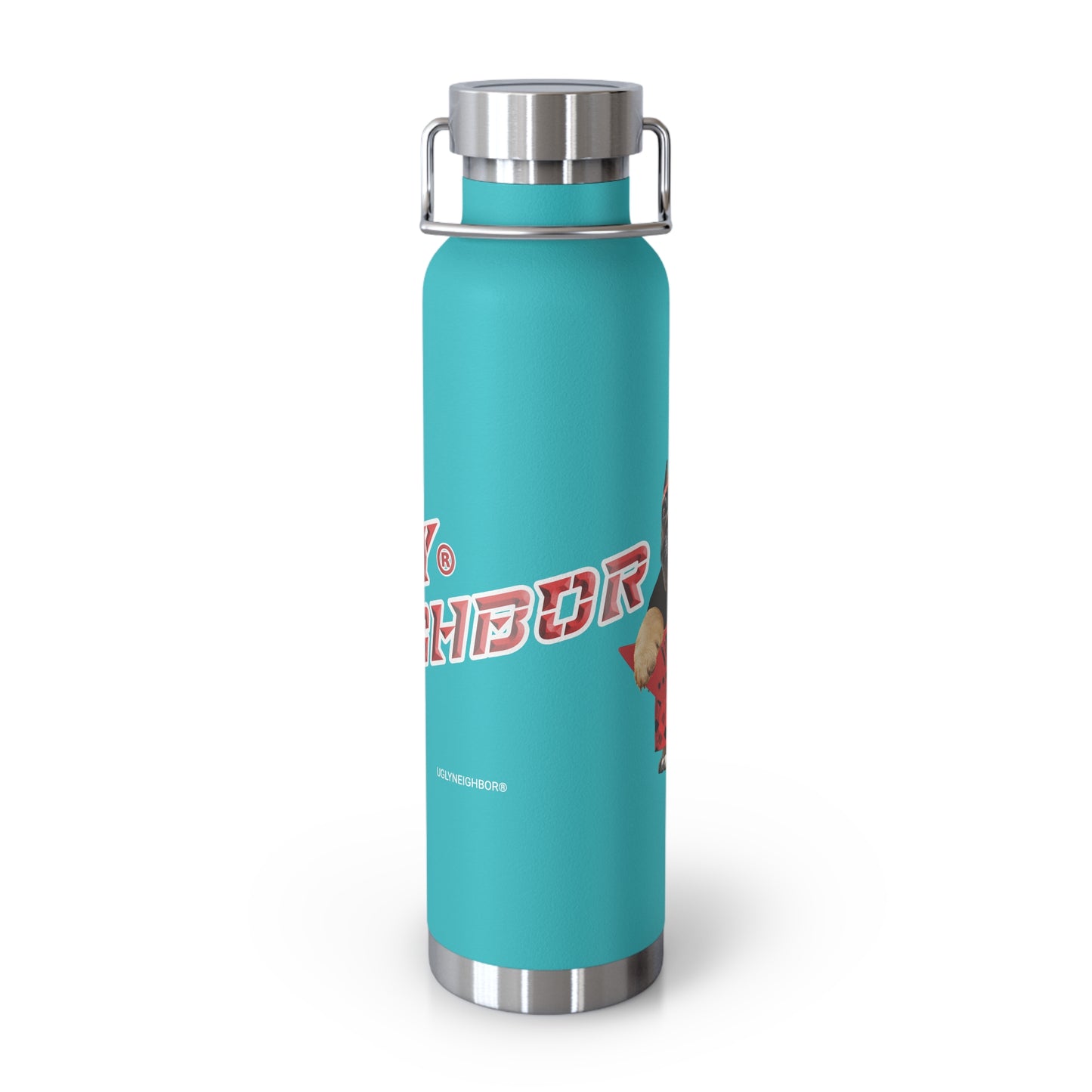 Turquoise water bottle with a logo on a white background
