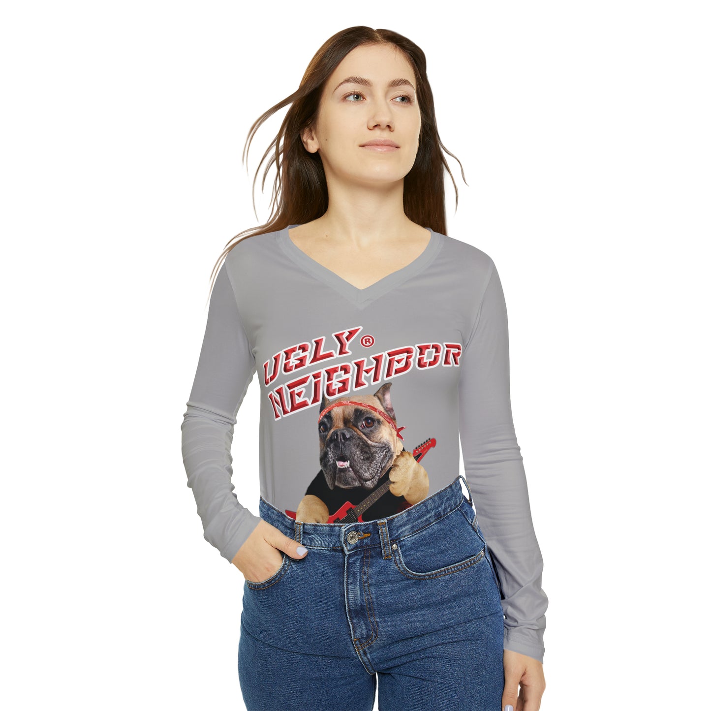 Ugly Neighbor Chic Long Sleeve V-Neck Tee - Light Grey