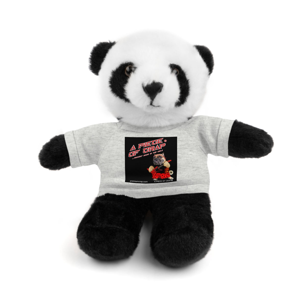A plush panda toy wearing a light gray T-shirt with a graphic print that reads 'A PIECE OF CRAP'. The panda has black and white fur, black ears and knees, and is photographed against a plain white background.