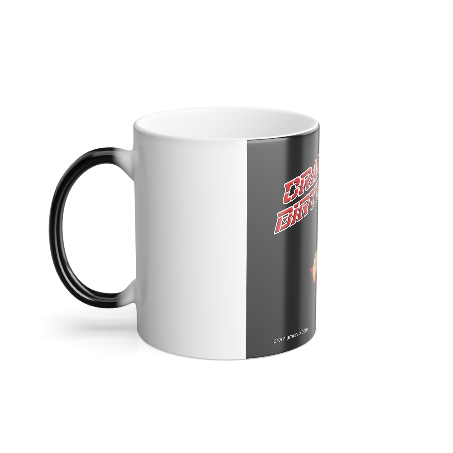 A ceramic mug with a white exterior, a black handle, and a dark gray vertical graphic panel on the side featuring red stylized text and a small flame icon.