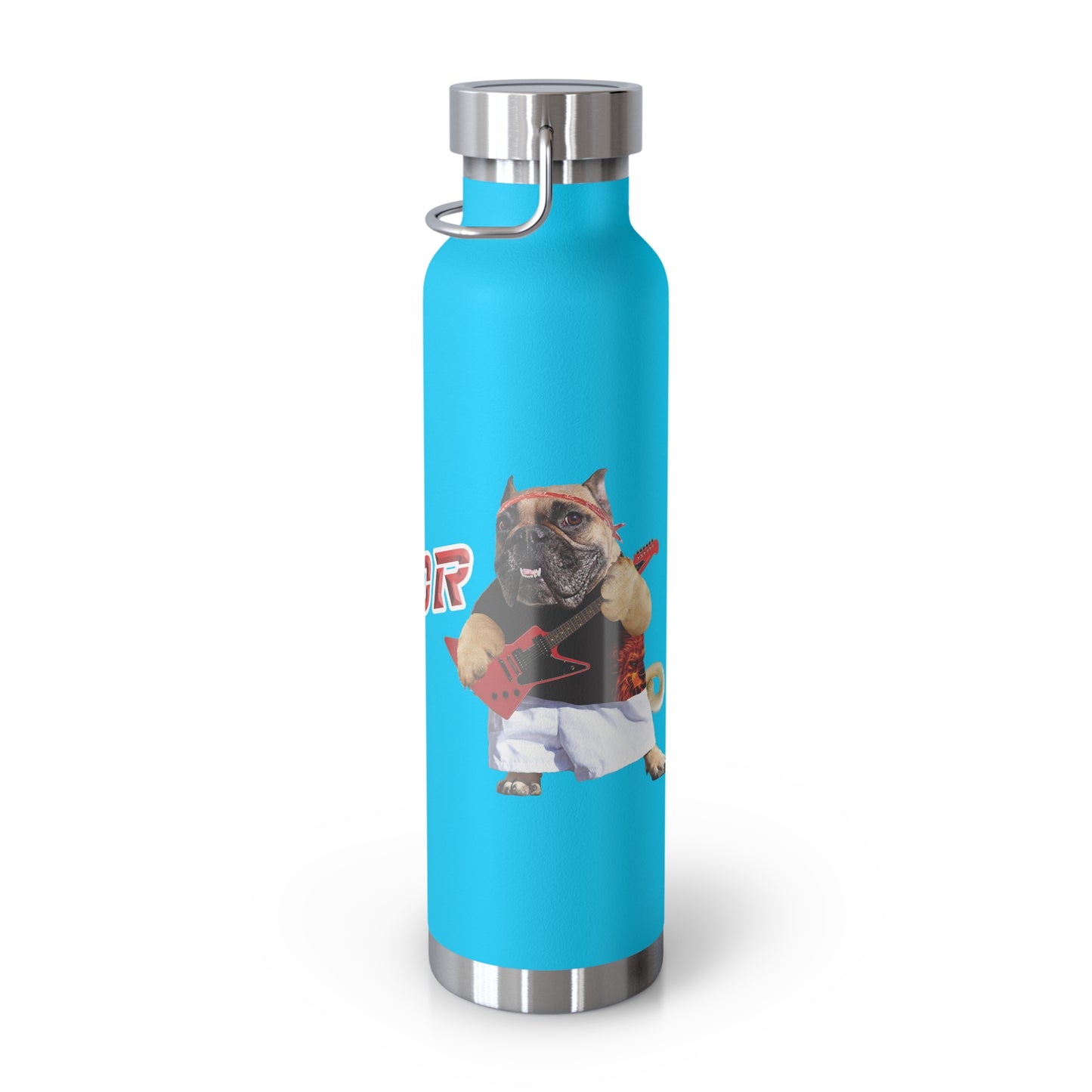 Blue water bottle with a graphic of a bulldog wearing a cap and sunglasses on a white background