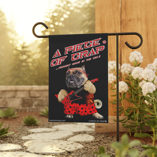 Garden flag with a pug design and text in a garden setting