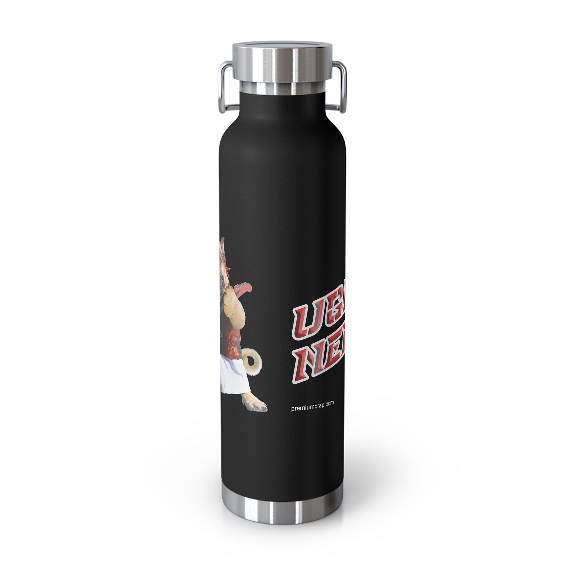 Black water bottle with a graphic design on a white background