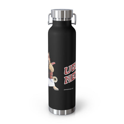 Black water bottle with a graphic design on a white background