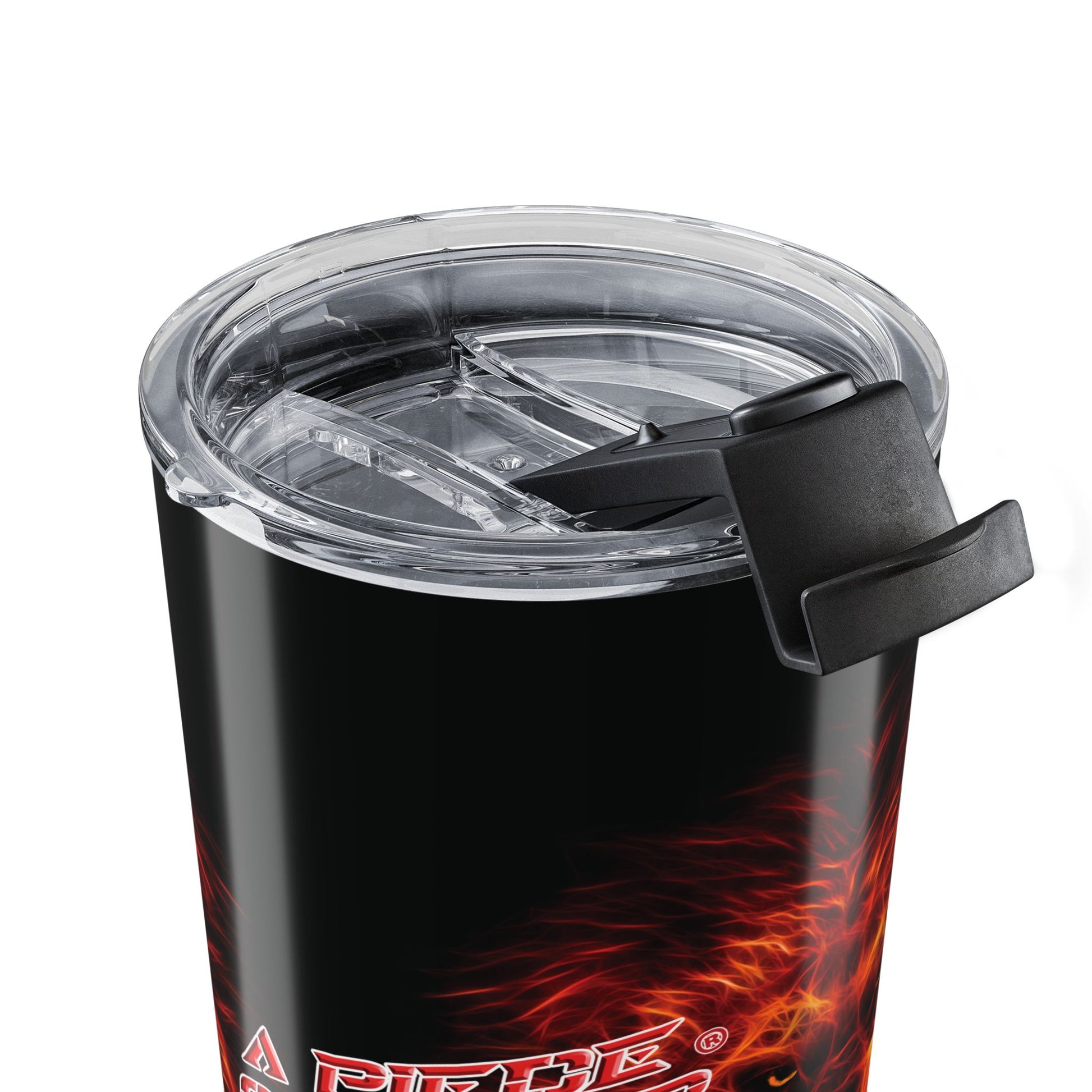 Black tumbler with red flame design and clear lid on a white background