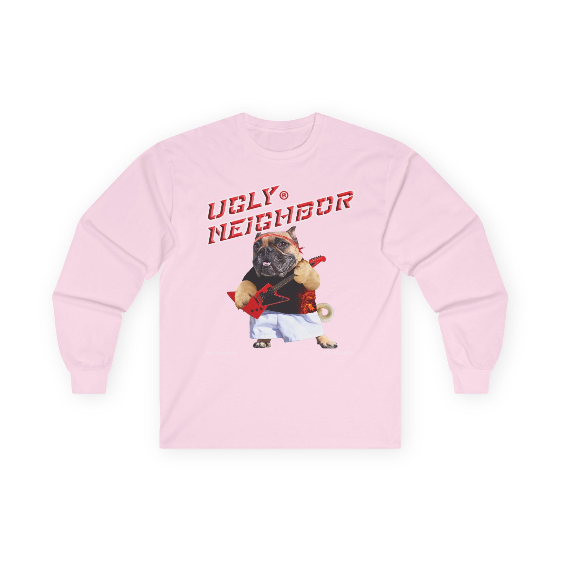 Pink sweatshirt with a graphic of a pug and text on a white background