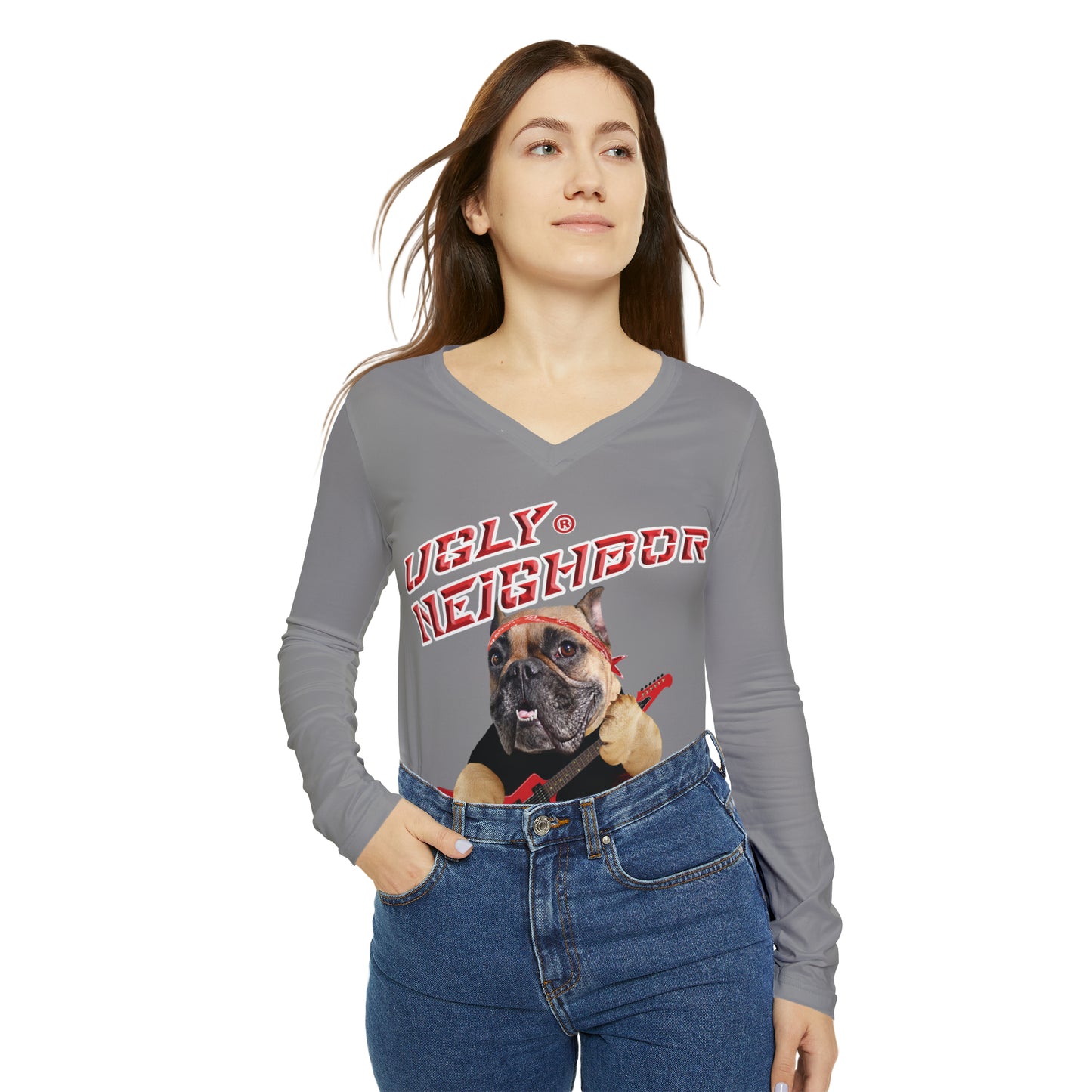 Ugly Neighbor II Women's Long Sleeve V-neck Shirt - Grey