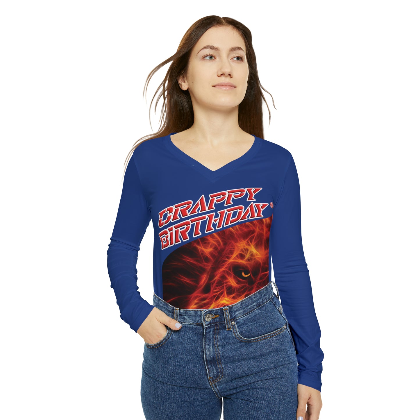 Crappy Birthday Chic Long Sleeve V-Neck Tee - Dark Blue