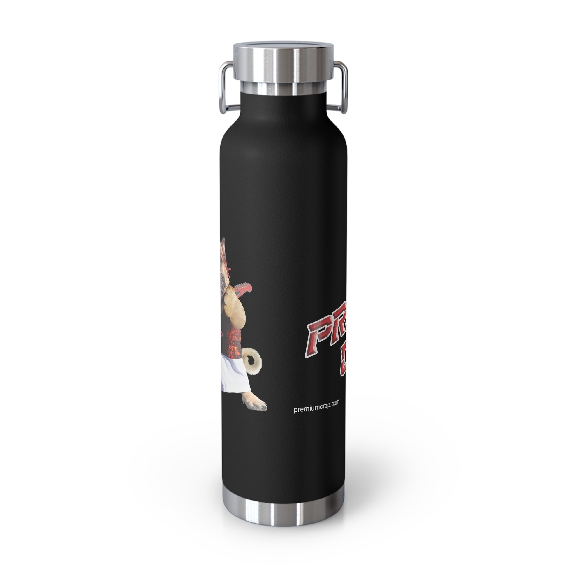 A matte black insulated water bottle with stainless steel accents and a handle, featuring a cartoon dog graphic and red 'Premium Crap' lettering on the front, set against a plain white background.