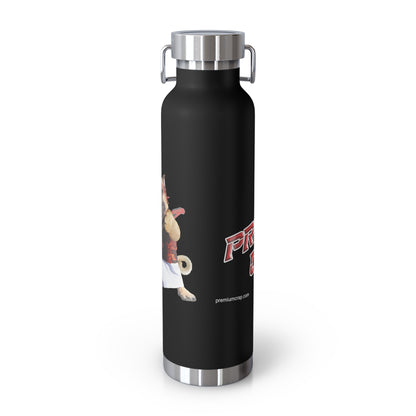 A matte black insulated water bottle with stainless steel accents and a handle, featuring a cartoon dog graphic and red 'Premium Crap' lettering on the front, set against a plain white background.