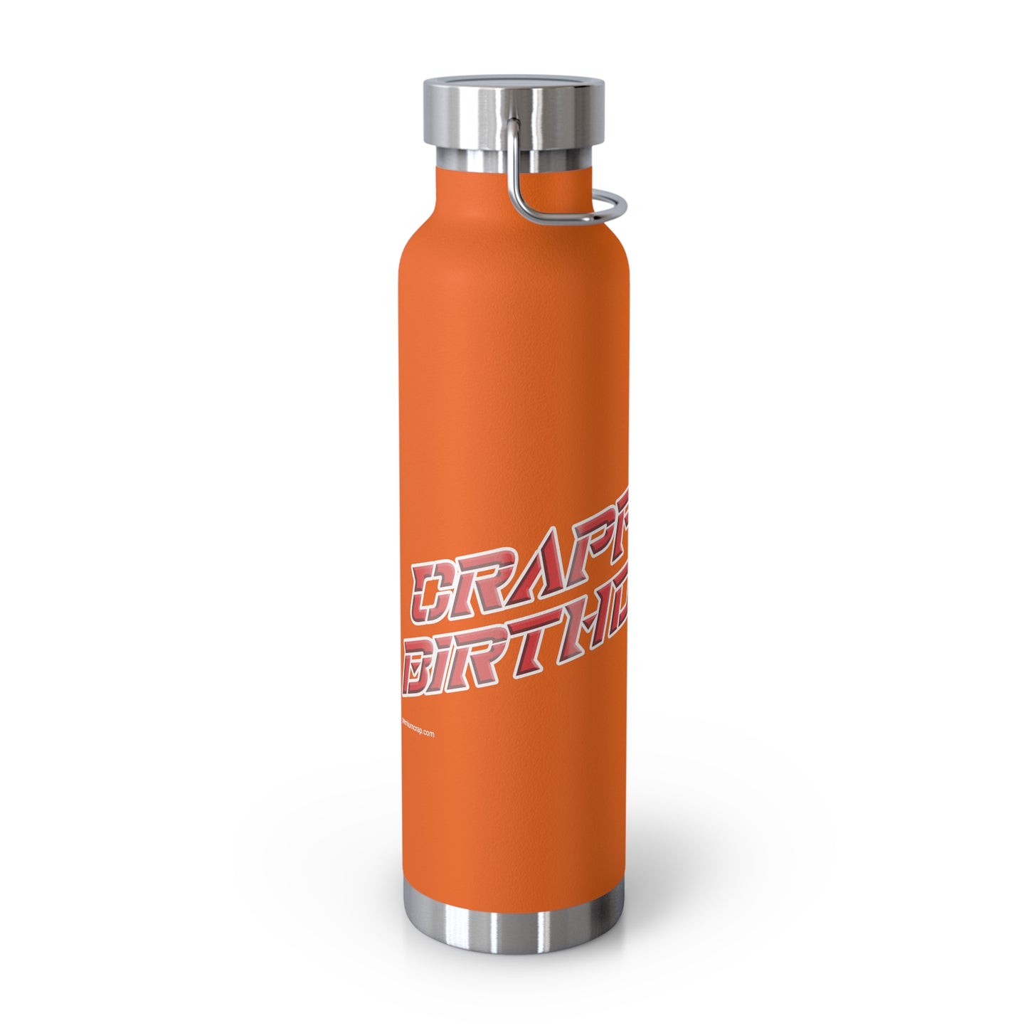 Orange water bottle with silver cap and text on a white background