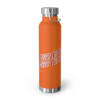Orange water bottle with silver cap and text on a white background