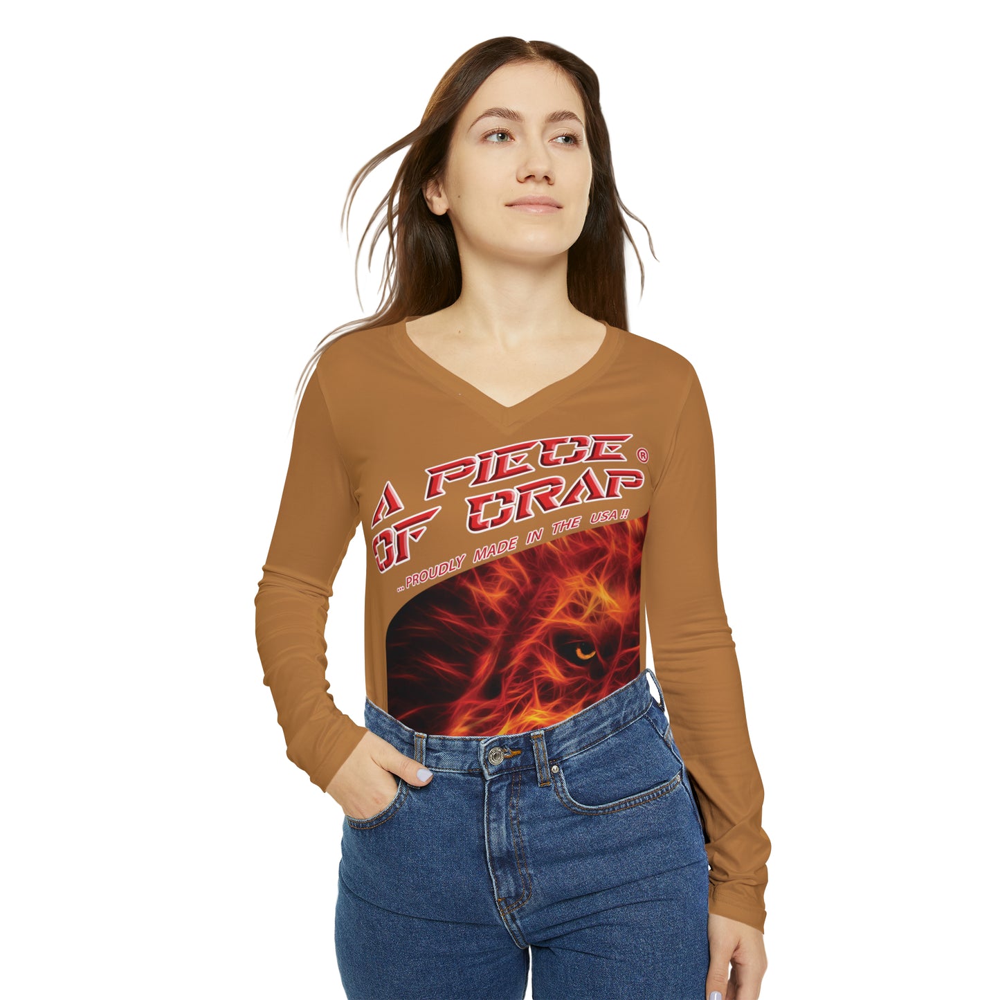 A Piece Of Crap Chic Long Sleeve V-Neck Tee - Light Brown