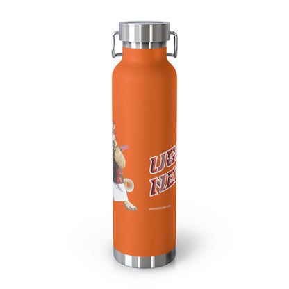 Orange water bottle with silver cap and graphic design on a white background