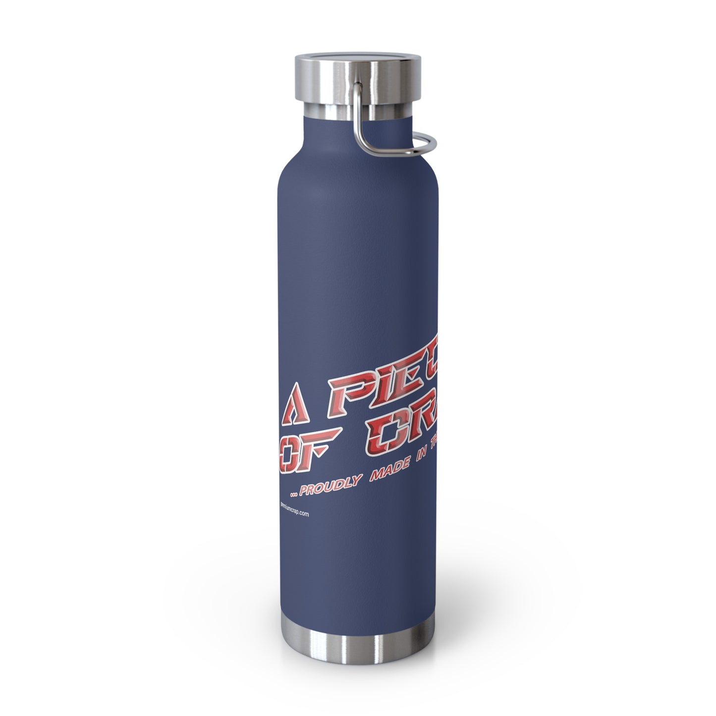 Blue water bottle with red and white text on a white background