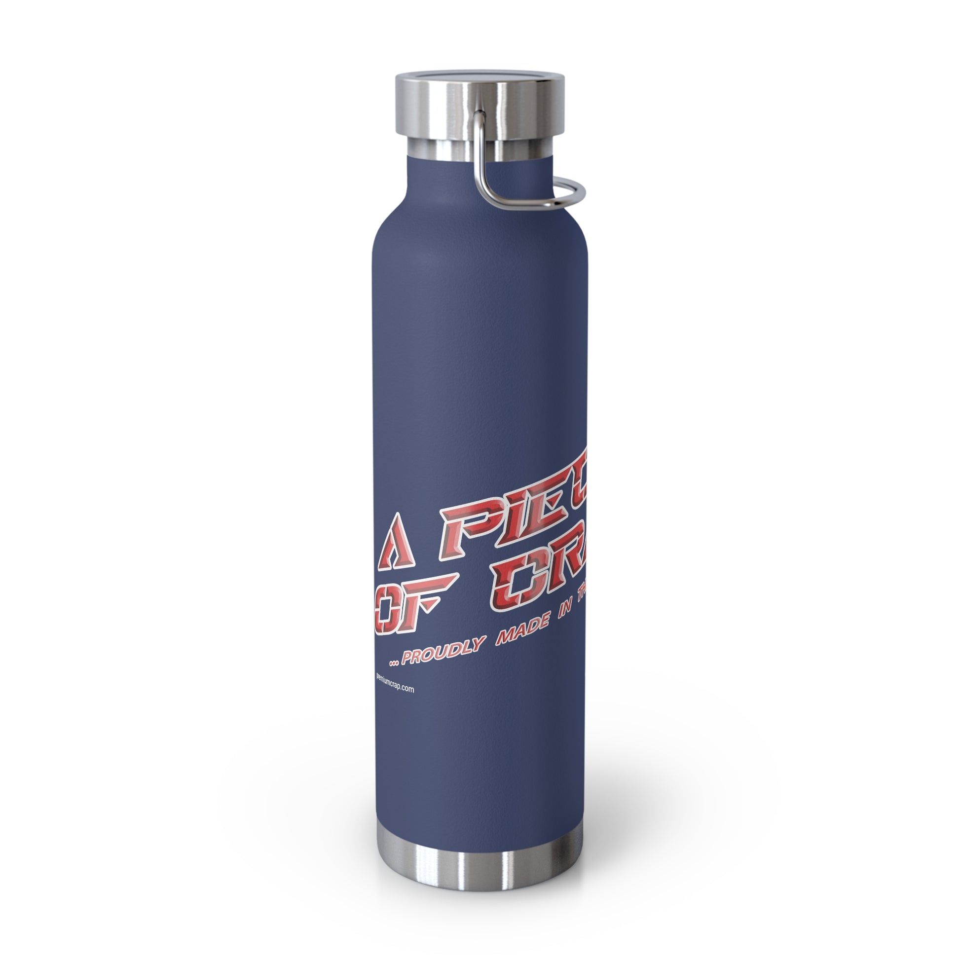 Blue water bottle with red and white text on a white background