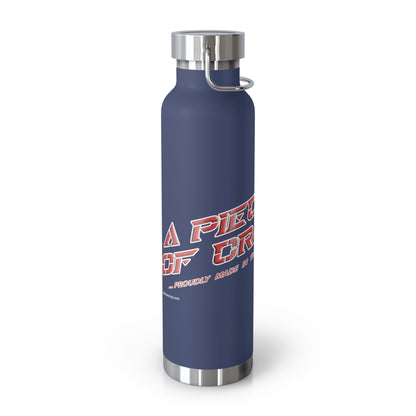 Blue water bottle with red and white text on a white background