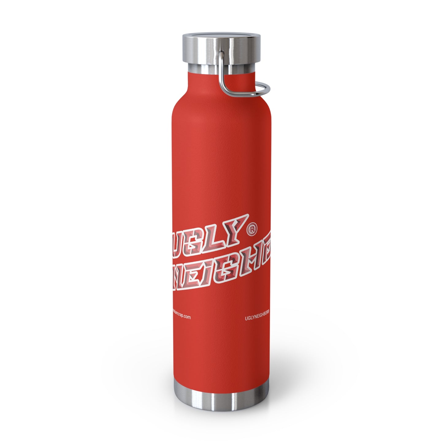 Red water bottle with silver lid and handle on a white background