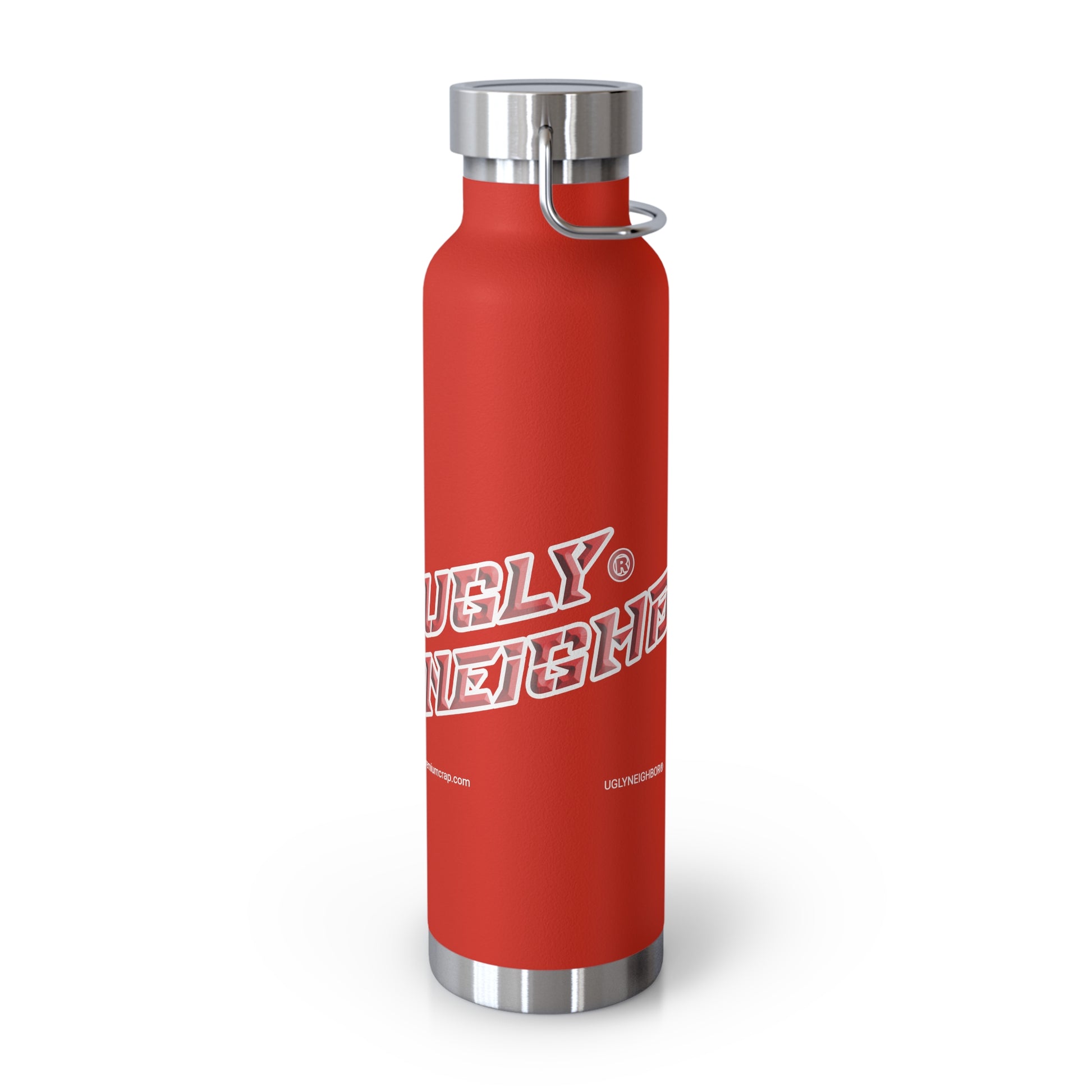 Red water bottle with silver lid and handle on a white background
