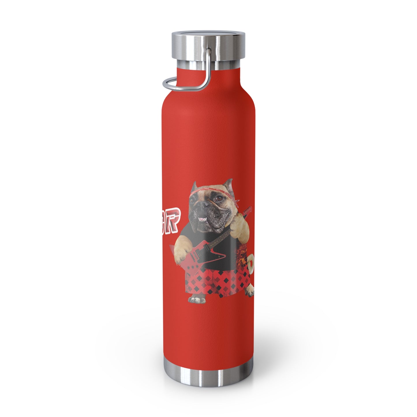 Red water bottle with a graphic design of a dog on a white background