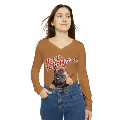 Ugly Neighbor II Women's Long Sleeve V-neck Shirt - Light Brown