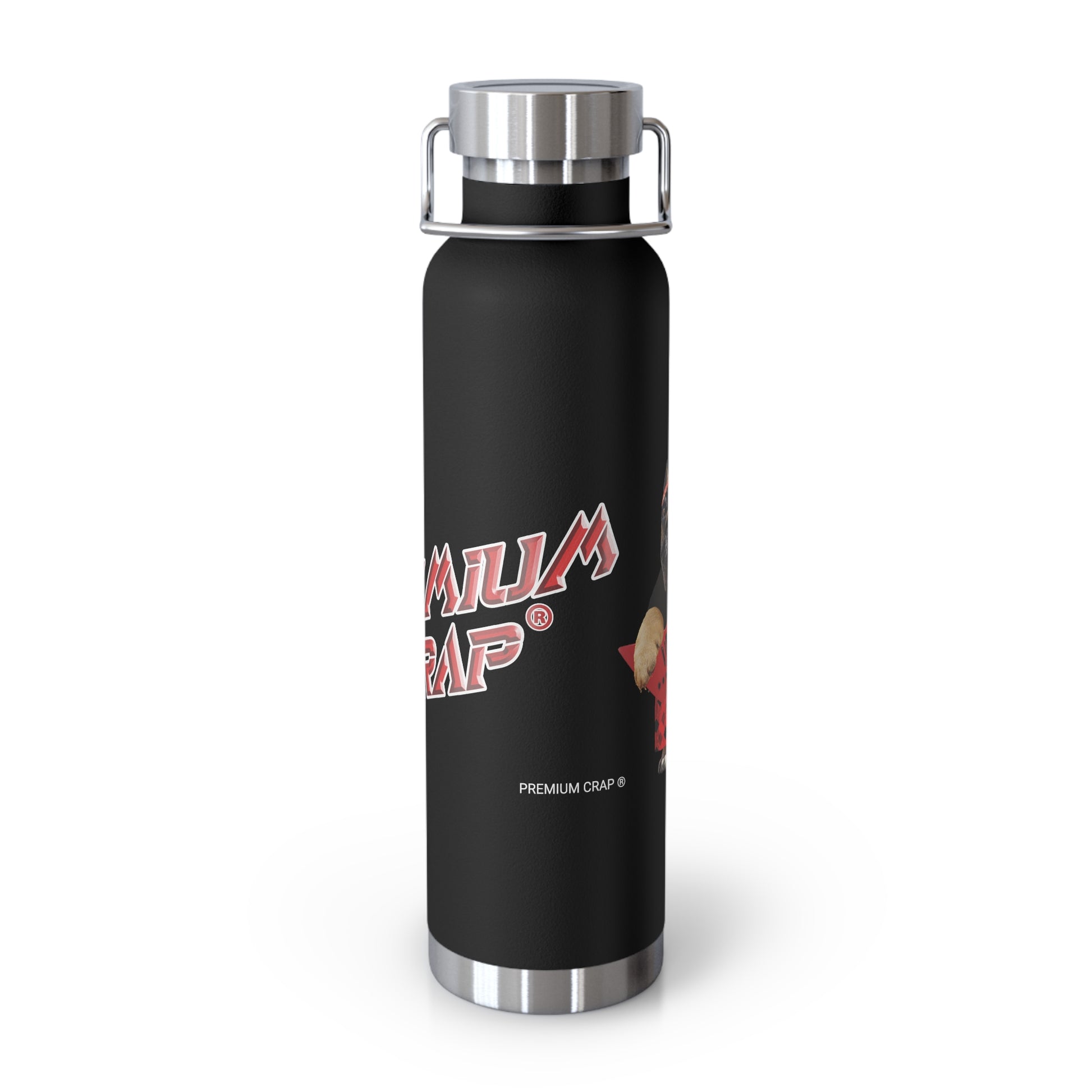 Black water bottle with 'Premium Crap' branding on a white background
