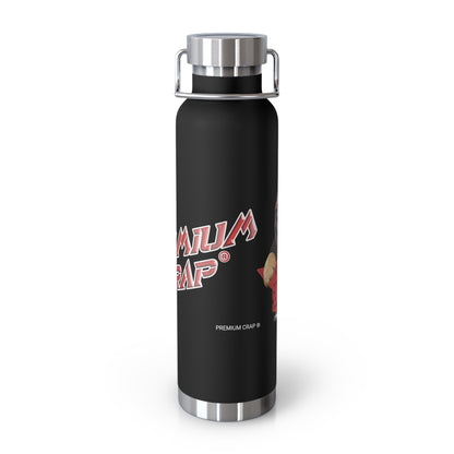 Black water bottle with 'Premium Crap' branding on a white background