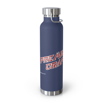 Blue water bottle with 'Premium Crap' text on a white background