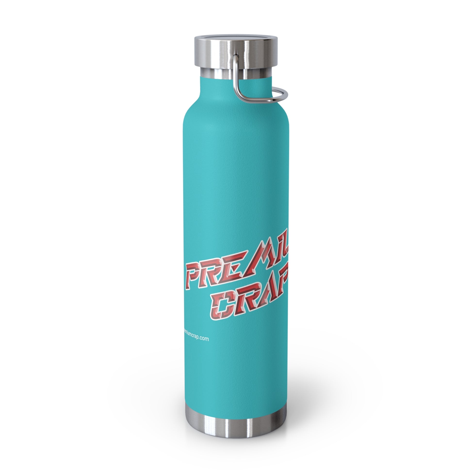 Turquoise water bottle with red and white text on a white background