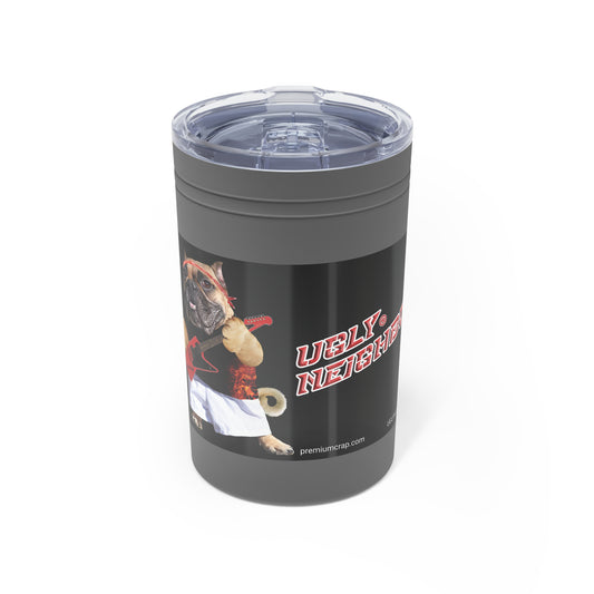 Gray tumbler with a graphic of a dog holding a guitar and the text 'Ugly Neighbor' on a white background.