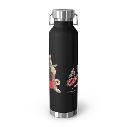 Black water bottle with a graphic design on a white background