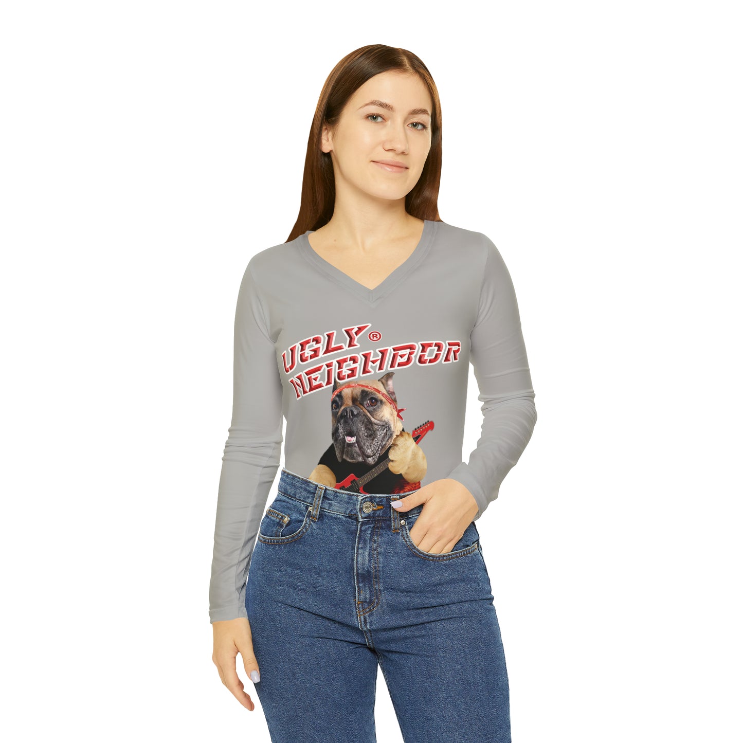 Ugly Neighbor Chic Long Sleeve V-Neck Tee - Light Grey