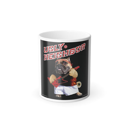 A white ceramic mug featuring a black graphic print of a pug dressed as a rock star with the text 'UGLY NEIGHBOR' in red and white, set against a plain white background.