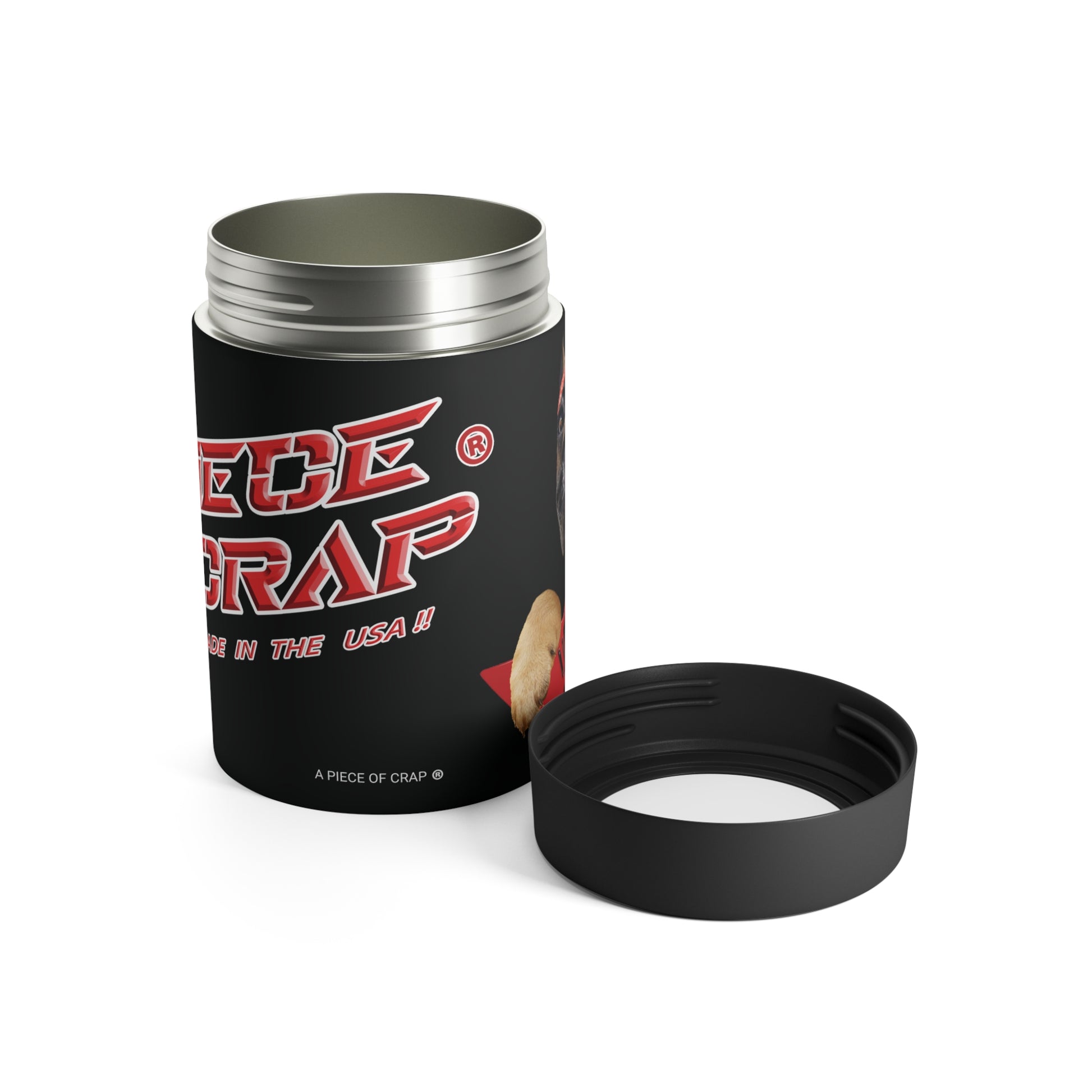 Black container with 'A Piece of Crap' branding on a white background