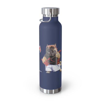 A matte navy blue insulated water bottle with stainless steel accents and a carabiner loop, featuring a graphic of a bulldog in a baseball uniform on the front.