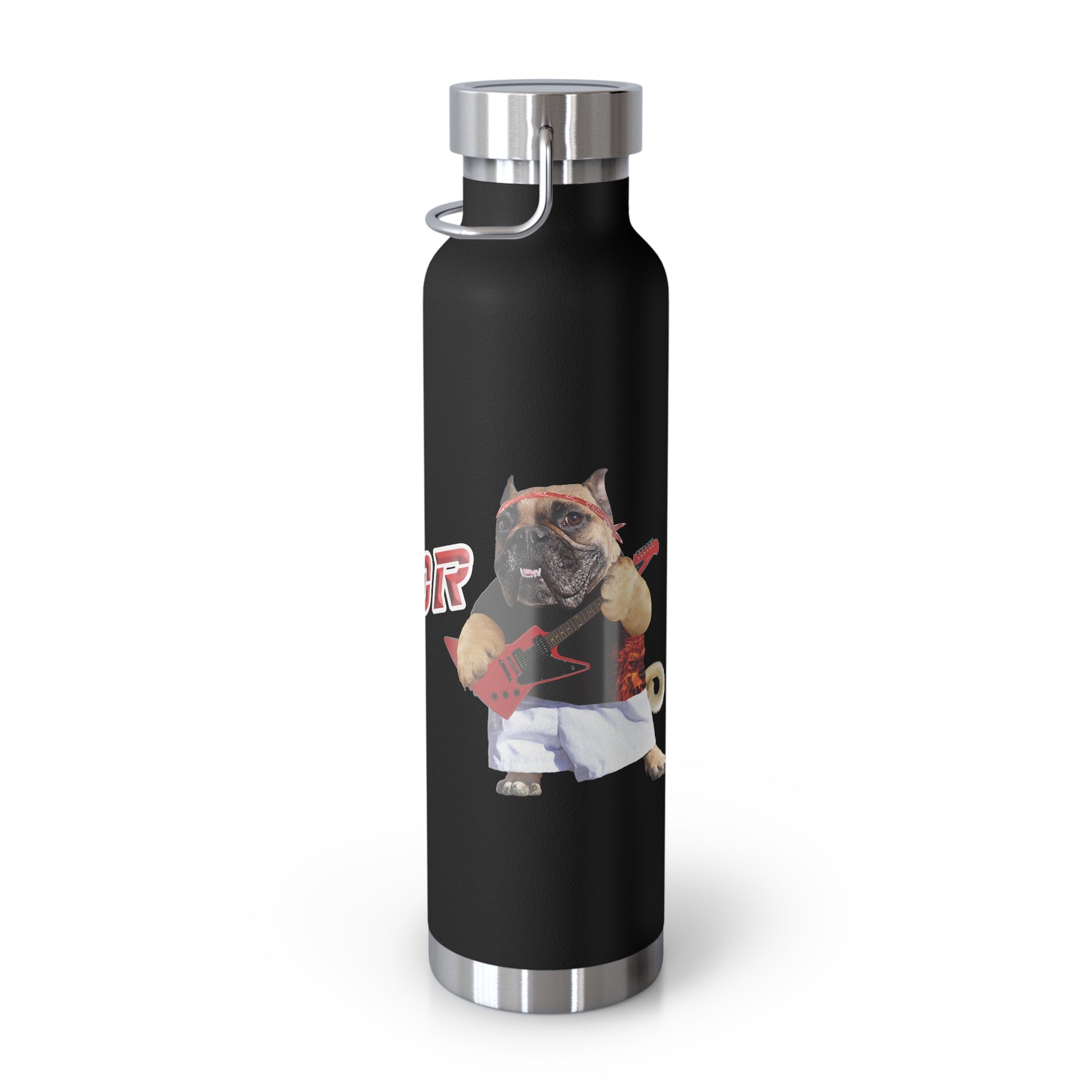 Black water bottle with a graphic of a dog playing guitar on a white background