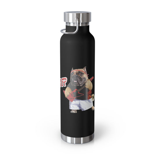 Black water bottle with a graphic of a dog playing guitar on a white background