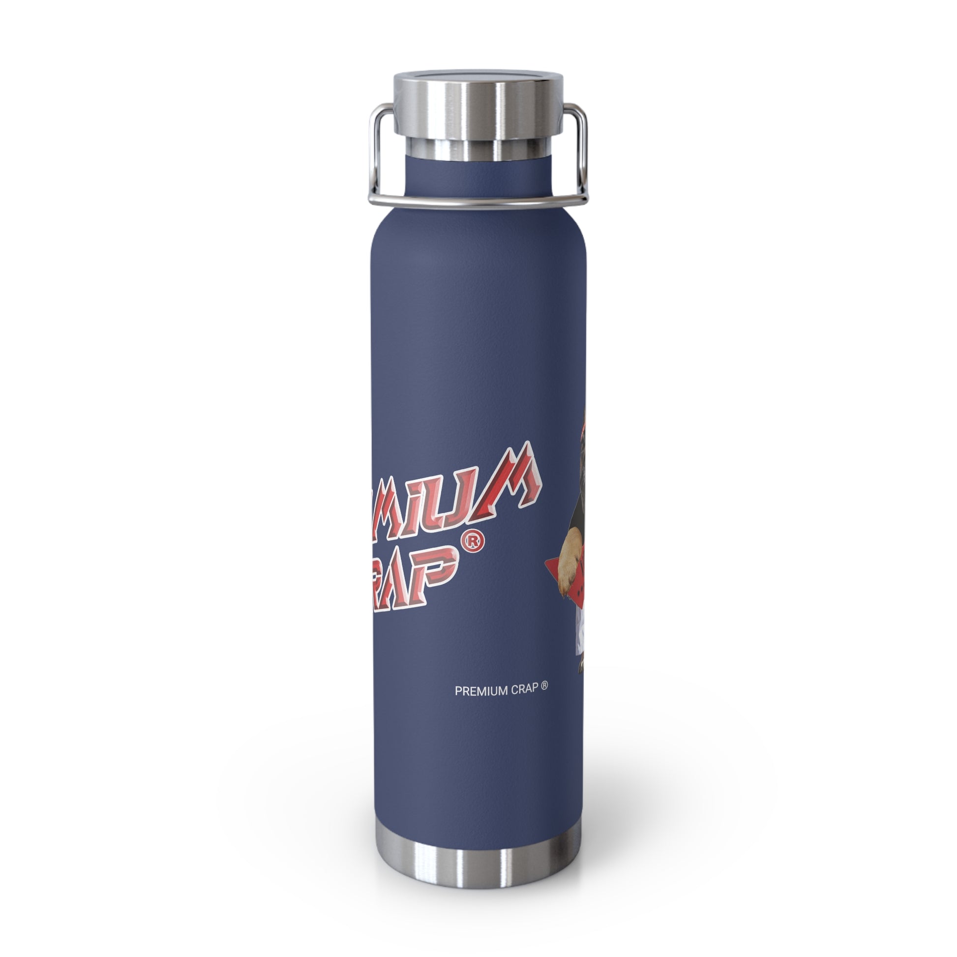 A navy blue insulated water bottle with a stainless steel lid and handle, featuring the 'Premium Crap' logo printed on the front, set against a plain white background.