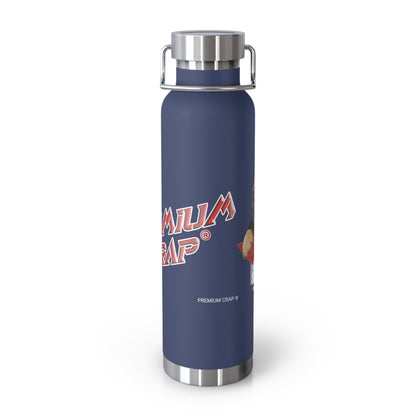 A navy blue insulated water bottle with a stainless steel lid and handle, featuring the 'Premium Crap' logo printed on the front, set against a plain white background.