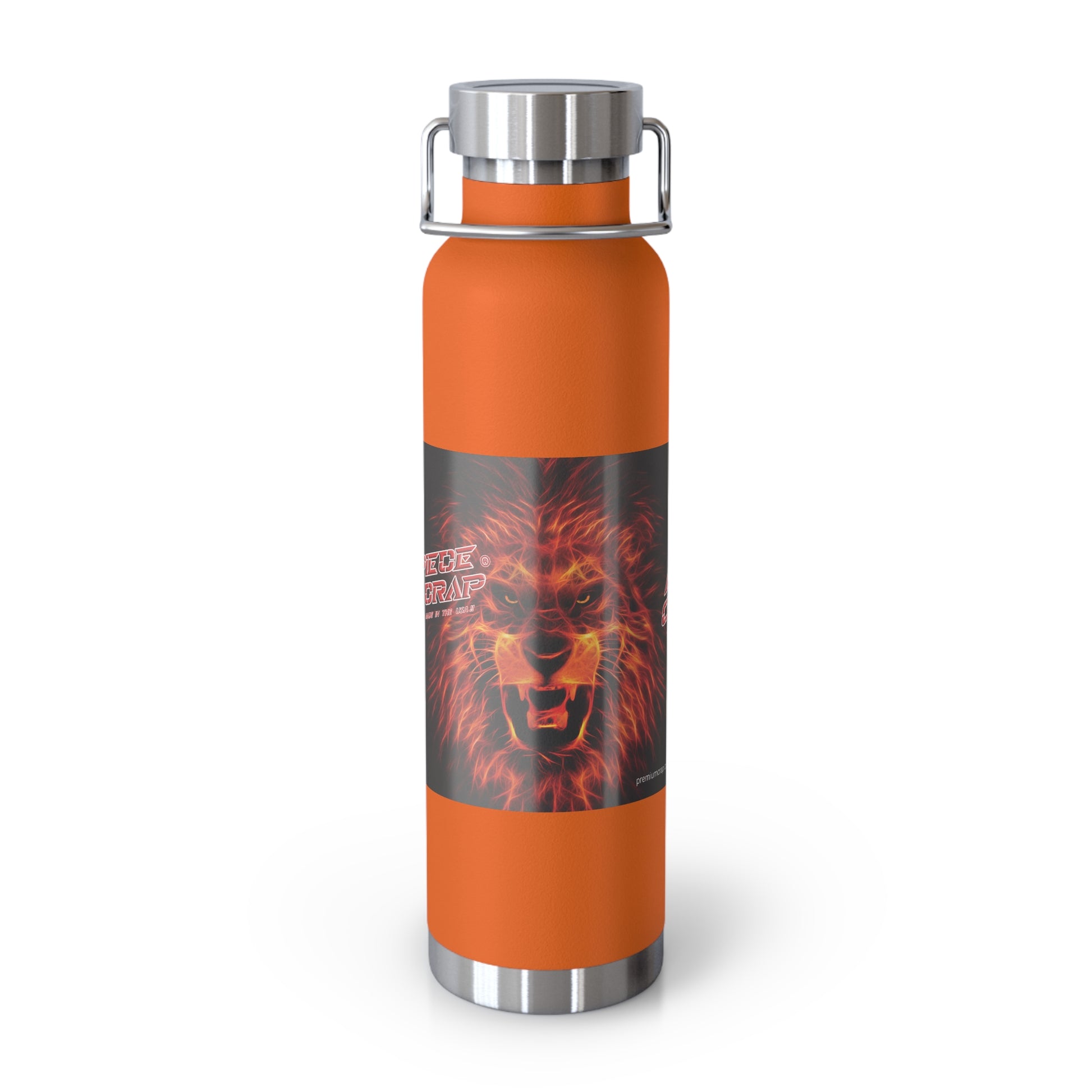 An orange insulated water bottle with a stainless steel lid and handle, featuring a graphic of a roaring lion on the front.
