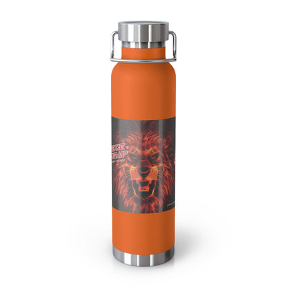 An orange insulated water bottle with a stainless steel lid and handle, featuring a graphic of a roaring lion on the front.