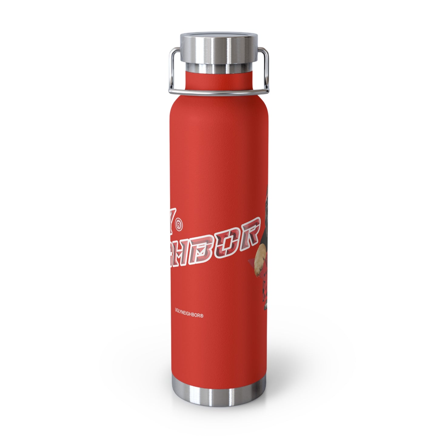A red insulated water bottle with a stainless steel lid and handle, featuring a white and red 'Ugly Neighbor' logo on the front, set against a plain white background.