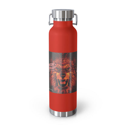 Red water bottle with a lion graphic on a white background