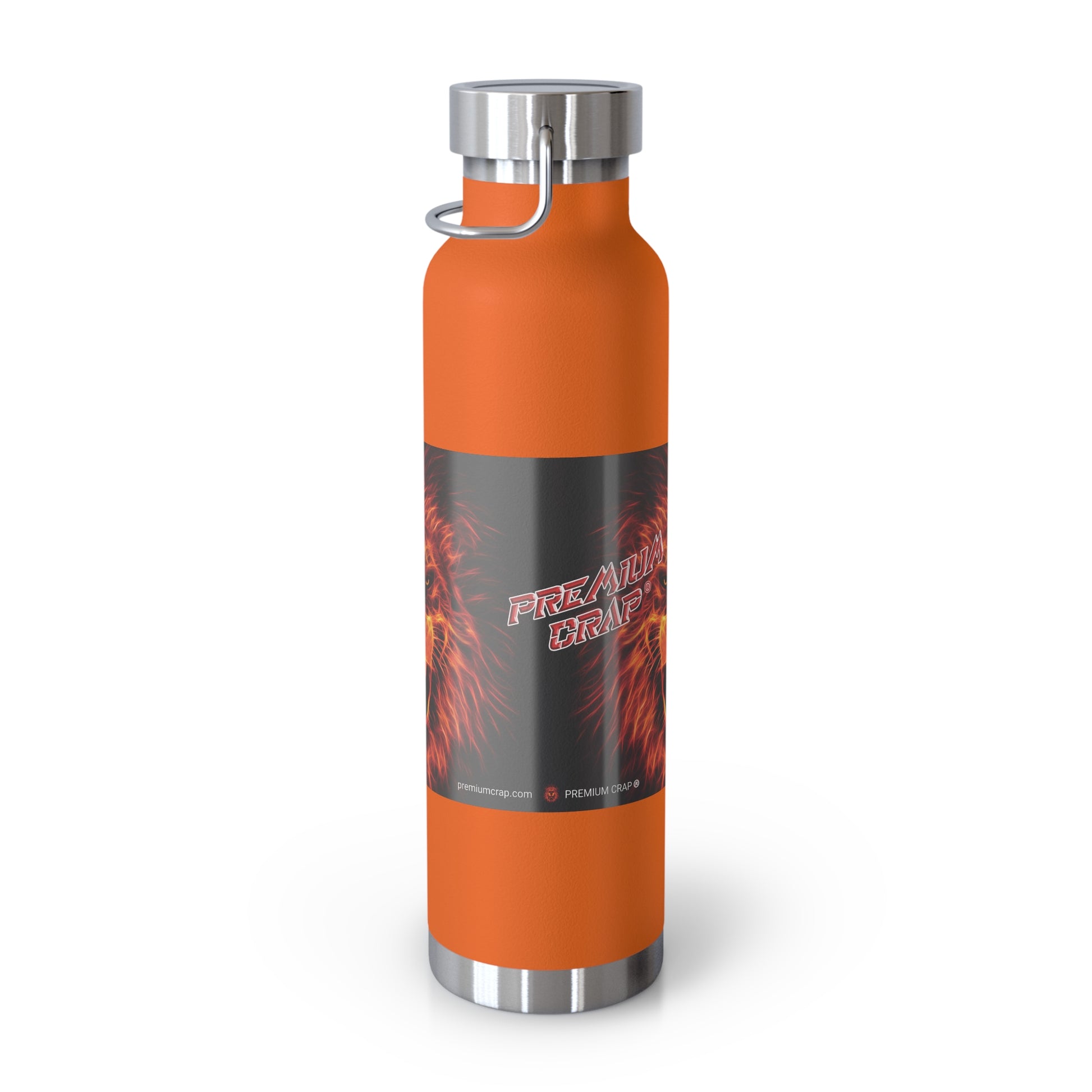 An orange insulated water bottle with a black wrap label featuring red flames and the text 'Premium Crap'. The bottle has a silver metal cap and base, and a silver carrying loop on the side, shown on a plain white background.