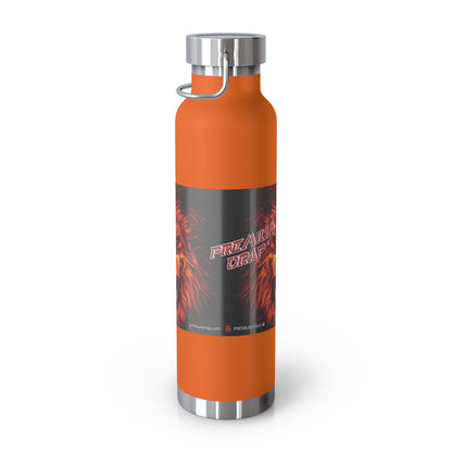 An orange insulated water bottle with a black wrap label featuring red flames and the text 'Premium Crap'. The bottle has a silver metal cap and base, and a silver carrying loop on the side, shown on a plain white background.