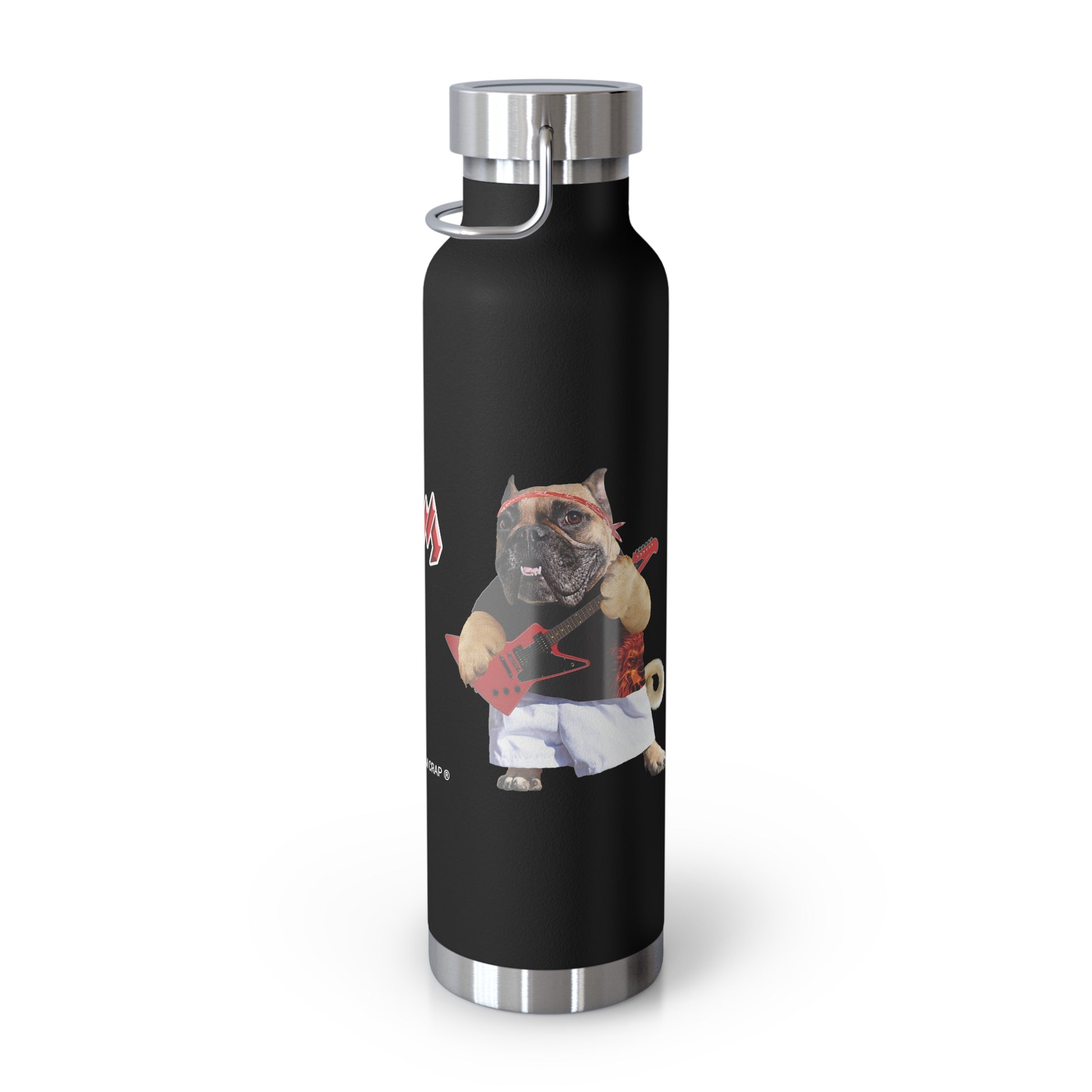 A matte black insulated water bottle with a stainless steel lid and base, featuring a graphic print of a bulldog wearing a red and white martial arts uniform.