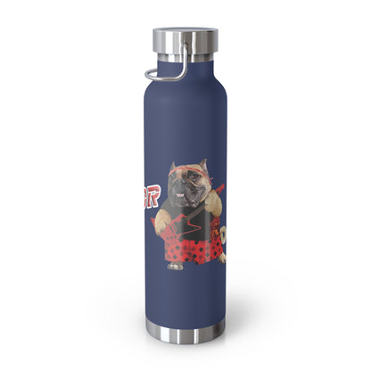 Navy blue water bottle with a graphic of a dog playing guitar and singing into a microphone on a white background.