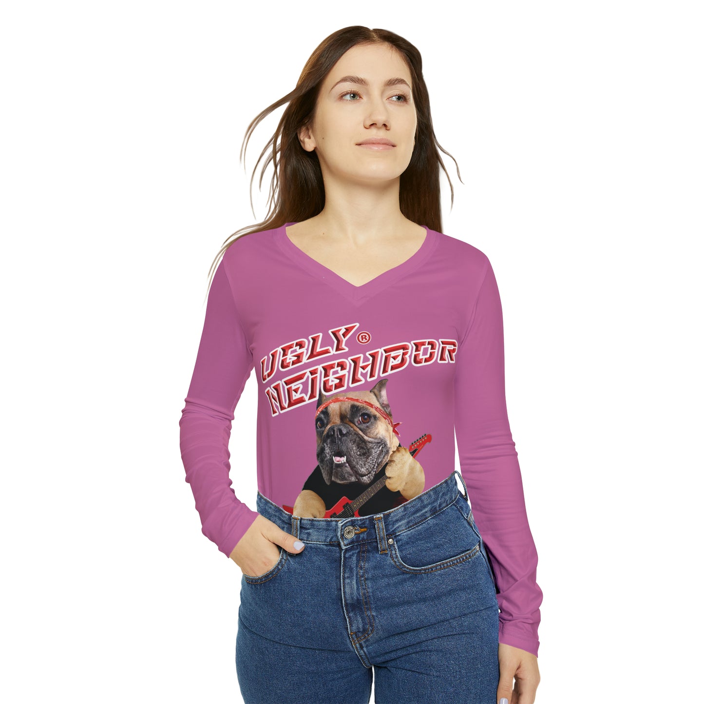 Ugly Neighbor Chic Long Sleeve V-Neck Tee - Light Pink