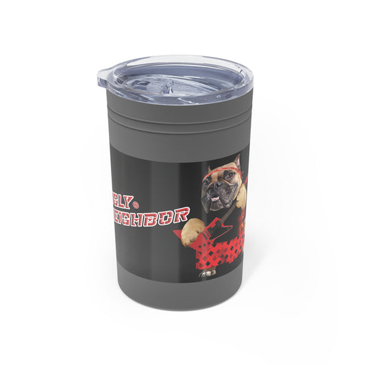 Gray tumbler with a dog graphic and text on a white background