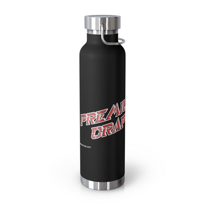 Black water bottle with red and white text on a white background